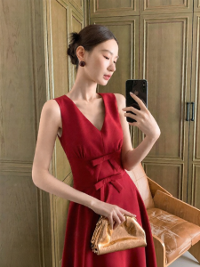 XXNING | Đầm Thu Kiểu Dây Nơ V-Neck Pháp