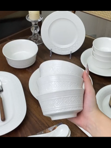 Cabify Ceramic Elegant Relief Texture Household Plate Dish Deep Plate Fish Plate Rice Noodles Bowl Soup Pot Tableware
