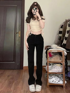 สูง เอว ขาตรง เดนิม กางเกงยีนส์ ผู้หญิง สลิมฟิต ทันสมัย สีดํา สูง สตรีทสไตล์ ฤดูใบไม้ผลิ ฤดูใบไม้ร่วง สินค้าใหม่