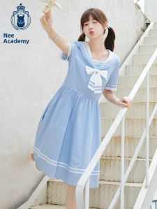 niffeilu | Nieve Navy Style Cotton Sailor Dress School Uniform Skirt For Girls Student Outfit Summer 2025 Pleated Gown With Bow Tie