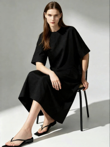 AMII | Chinese Style Round Neck Bow Fastening Jacquard Dress with Slit