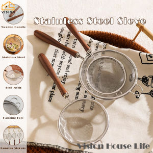 Vision 304 Stainless Steel Colander with Wooden Handle Flour Sifting Sieve Strainer Kitchen Fine Mesh Filter Soybean Milk Juice Tea Residue Filter Screen Oil Filter Spoon Vegetable Strainer