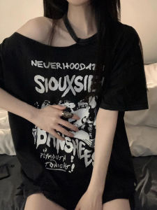 Loose Cotton T-Shirt Letter Print Casual Versatile Short Sleeve Shoulder Bared Creative Design Summer Commute round Neck Top