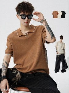 SZON | Retro Texture Contrast Color V-Neck Fitted Short Sleeve Polo Shirt