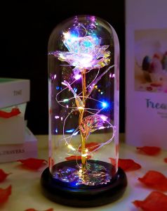 Artificial Glass Flower with Eternal Rose of the LED Light for Women Beauty and Beast Rose Birthday Gifts for Girls Christmas