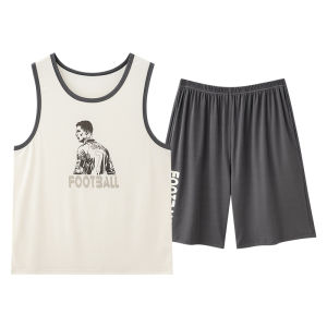 Miiow | Mens Ice Silk Sleepwear Summer New Style Cool Feeling Vest Loose Large Size Can Wear Outdoor Home Clothes Set Simple Design