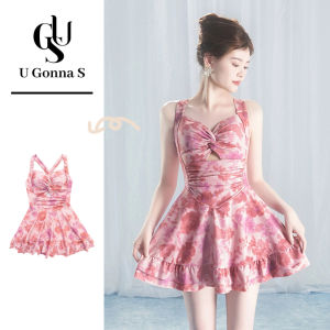 Trang phục bơi váy 2024 một mảnh gợi cảm cho nữ trang phục đi biển không tay hoa nâng đệm A-line váy Bikini thời trang dễ thương màu hồng Hàn Quốc co giãn U Gonna S