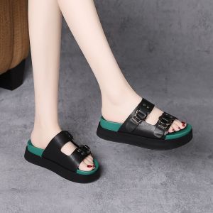 SHIPAILUO | 2022 Summer New Womens Flat Bottom Sandals Soft Bottom Fashionable Thick Heel Leather Slippers Outdoor Casual Shoes