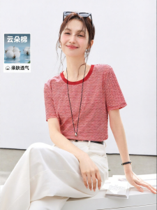 Vimly | Red and White Stripe Casual Short Sleeve T-shirt for Women Crewneck Color Block Design