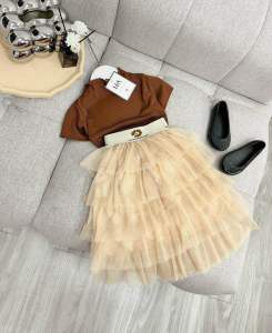 Jerry Kids Set Bộ Váy Bé Gái Áo Tăm Khoét Lưng Cổ Cao Phối Chân Váy Ren Nhiều Tầng Điệu Đà Sang Chảnh Cho Bé