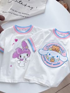 Cute Sweet Style Girls Summer Thin Short Sleeve T-Shirt Little Girl Fashionable Top Ice Silk Cotton Loose Fit round Neck Cartoon Print
