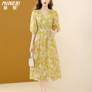 MINGSI | Stylish Printed Linen Dress V-Neck 3/4 Sleeve Slim Fit A-Line