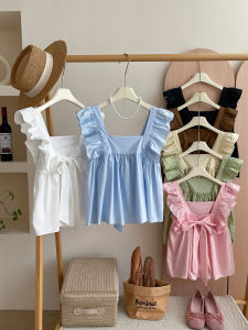 Back Bows Tie up Wooden Ear Flying Sleeves Shirt Female Summer Cute Youth-Looking Camisole Doll Tops
