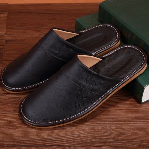 Spring and Autumn Four Seasons Home Leather Slippers Men and Women Couple Floor Non-Slip Wear-Resistant Closed Toe Natural Leather Slippers Special Offer
