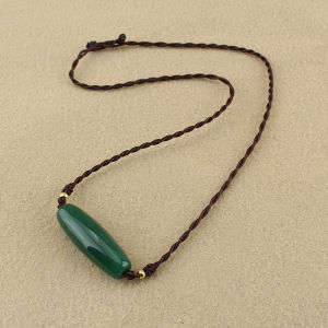 Retro Chinese Style Green Agate Pendant Necklace Simple  New Ethnicity Lockbone Chain Womens Accessory Cotton Linen Chain
