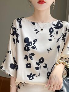 Silk Short Sleeve T-Shirt Womens Satin Thin Five-Sleeve Water-Media Print Body Shirt Summer 2024 Commute Simple Style