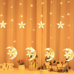 Đèn led nháy thả màn trang trí hình trăng sao ánh sáng vàng dài 2.5m nhiều chế độ sáng