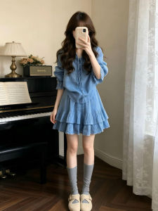 LIRUSHAN | Elegant Youthful Blue Ruffle Shirt Dress Set