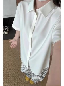 White Ice Silk Mens Shirt Summer Thin Breathable Half Sleeve Short Sleeve Standard Fit Youth Popular Casual Breathable Top