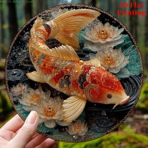 Ornate Koi Fish & Golden Lotus Round 2D Flat Printing Decorative Plaque Feng Shui Wall Art for Home & Garden