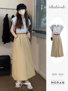 ชุดเสื้อโปโลลายทางสไตล์ฝรั่งเศสสำหรับผู้หญิงในช่วงฤดูร้อนปี 2025 ชุดกระโปรงสั้นแบบลำลอง ความยาวครึ่งแข้ง ชุดสองชิ้น