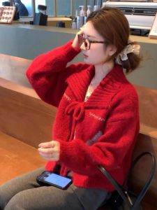 Red Big Collar Knitted Sweater Coat Womens Autumn Winter Lazy Style Fair Isle Knit Cardigan Shawl Brand Oulire Commute Loose Fit
