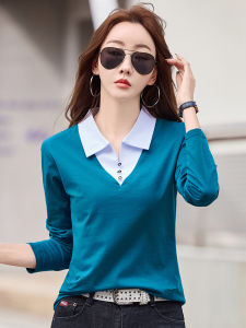 Pure Cotton Long Sleeve Polo Neck Base Shirt Womens Spring Autumn Versatile Inner Wear T-Shirt Korean Style Creative Pattern