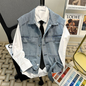 Boys Blue Denim Vest Mens Summer Fashion Brand Vest Work Vest Casual Coat Mens Clothing 2024 New Arrival