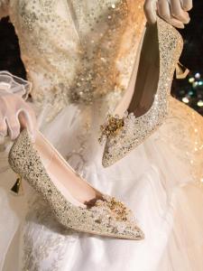 Wedding Shoes Womens High Heels Crystal Shiny Fabric Easy to Wear Formal And Casual Two-Way Wear Comfortable Wedding Gown Shoes