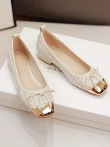 Fashionable Ballet Flat Shoes Womens Slip-On Low Heel Soft Bottom Metal Toe Flat Mouth Butterfly Knot Casual Loafers