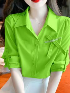 เสื้อเชิ้ตผู้หญิงสีเขียว ดีไซน์ผูกโบว์ ทรงเข้ารูป แขนยาว ปกโปโล ทรงหลวม สไตล์ใหม่ ฤดูใบไม้ผลิ 2024