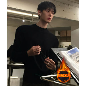 Black Mens Long Sleeve Base Shirt Half High Collar Velvet Fleece Lined Autumn Winter Fashionable Inner Wear for Suit