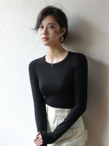 เสื้อยืดคอตั้งแขนยาวทรงสลิมฟิตสีดำ ผ้าโมดอล ฤดูใบไม้ร่วง/ฤดูหนาว เสื้อชั้นในสำหรับผู้หญิง เสื้อเชิ้ตทรงเข้ารูป เสื้อเชิ้ตผู้หญิง