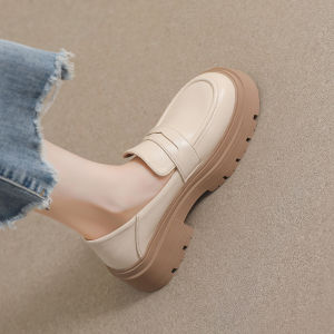 Genuine Leather Thick Heel Loafers Womens Spring Autumn 2024 New Retro British Style Flat Shoes Versatile Heightening Small Size