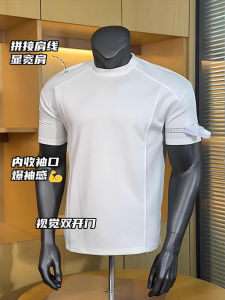 White Boxy Short Sleeve Mens T-shirt American Splicing Space Cotton Shoulder T-shirt Cuff Heavy Half Sleeve Youth Popular Street Style