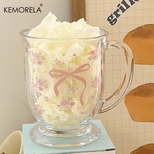 KEMORELA 1/2PCS Flower Rose Bow Pattern Glass 450ml Multifunctional U-Shaped Hand Washable Reusable Glass Suitable For Coffee