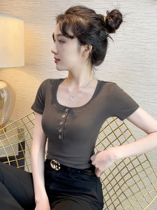 Low-Neck Short-Sleeve T-Shirt Womens Summer Fashionable Design Sensation Shoulder-Length Pure Color Slim Fit Ladies Top