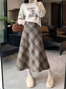 High Waist Midi Plaid Skirt Set for plus Size Women Autumn Winter Korean Style Woolen A-Line Skirt Commute Fashion