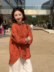 YUFUQING | French Brick Red Long Sleeve Womens Sun Protection Shirt Loose Vintage Style Top Trendy Early Autumn New Arrival Casual Wear