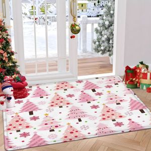 VIKAMA Christmas Doormat Pink Christmas Tree Red Snowflake Dot White Welcome Mat Front Door Entryway Non Slip Rug Xmas 2027