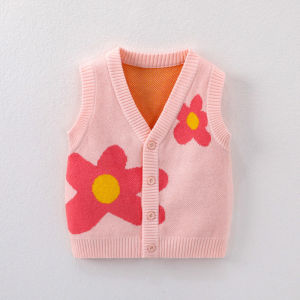 Fashionable Knitted Cartoon Baby Girl Vest Spring Autumn 2024 Infant Pocket Square Korean Style Open Cardigan for Boys And Girls