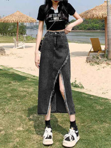 Deep Blue Asymmetrical Slit Denim Mini Skirt Womens Spring Autumn High Waist Slim A-Line Midi Skirt Korean Style Commute