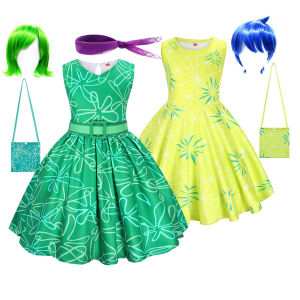 Movie Girls Happy Role Playing Costume Princess Dress + Childrens Wig Girl Halloween Carnival Birthday Green Print Party Dress