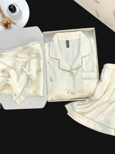 Silver Butterfly Ice Silk Sleepwear Short Sleeve Womens Home Clothes Cool Feeling Three Piece Set Youth Casual Summer Thin