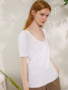 Miccbeirn | Áo thun cotton dệt kim cổ chữ U màu trơn mùa hè tay ngắn thoáng khí thoải mái cơ bản đa năng cho nữ