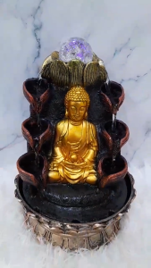 Golden Buddha Cascading Water Fountain with LED Crystal Sphere