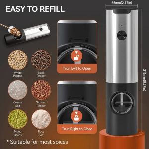 Automatic Pepper Grinder Salt And Pepper Grinder USB Rechargeable Adjustable Coarseness Spice Mill With LED Light Kitchen Tool