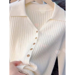 Spring Fashionable French Stylish Slim Fit Long Sleeve Polo Neck Knitted Top