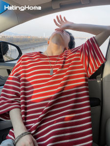 HetingHOME | Áo thun nam tay ngắn kẻ sọc rộng rãi Hetinghome mùa hè thời trang cặp đôi viết tay trước cổ điển chất liệu cotton thoáng khí