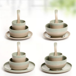 Blue Grey Ceramic Imitation Porcelain Dining Set Four Pieces Soup Bowl Seasoning Plate Dish Spoon Cup Hot Pot Set Tableware